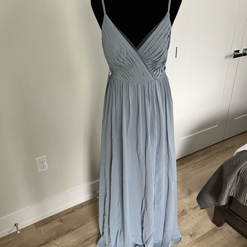 Azazie Light Blue Pleated V-Neck Spaghetti Strap Maxi Dress